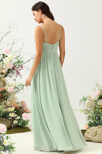 A Line Spaghetti Straps Sage Long Bridesmaid Dress with Split Front